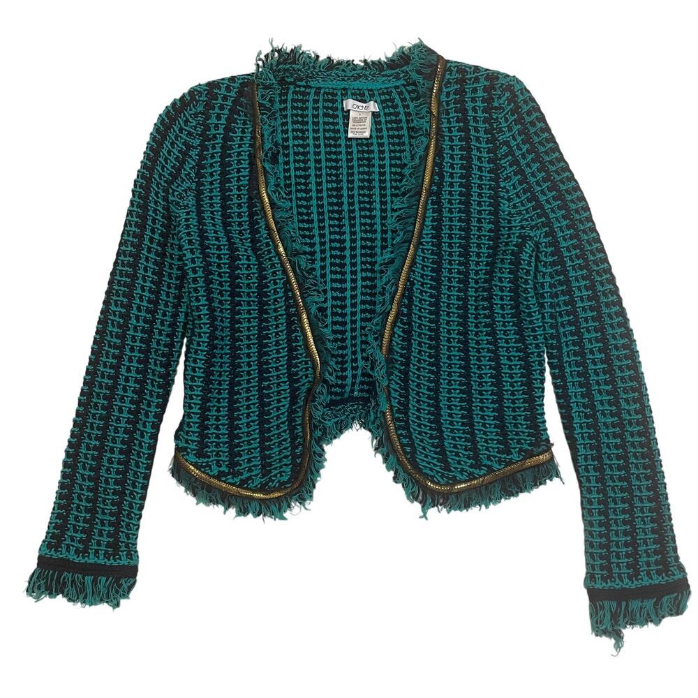 Y2K Cache Cropped Woven Cardigan S | Fringe Trim, Metallic Gold Trim, Vintage